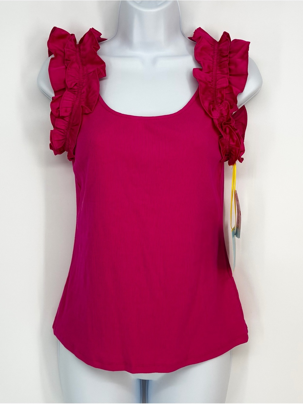 CeCe Ruffle Shoulder Ribbed Knit Tank Top Fuchsia Pink XS NWT